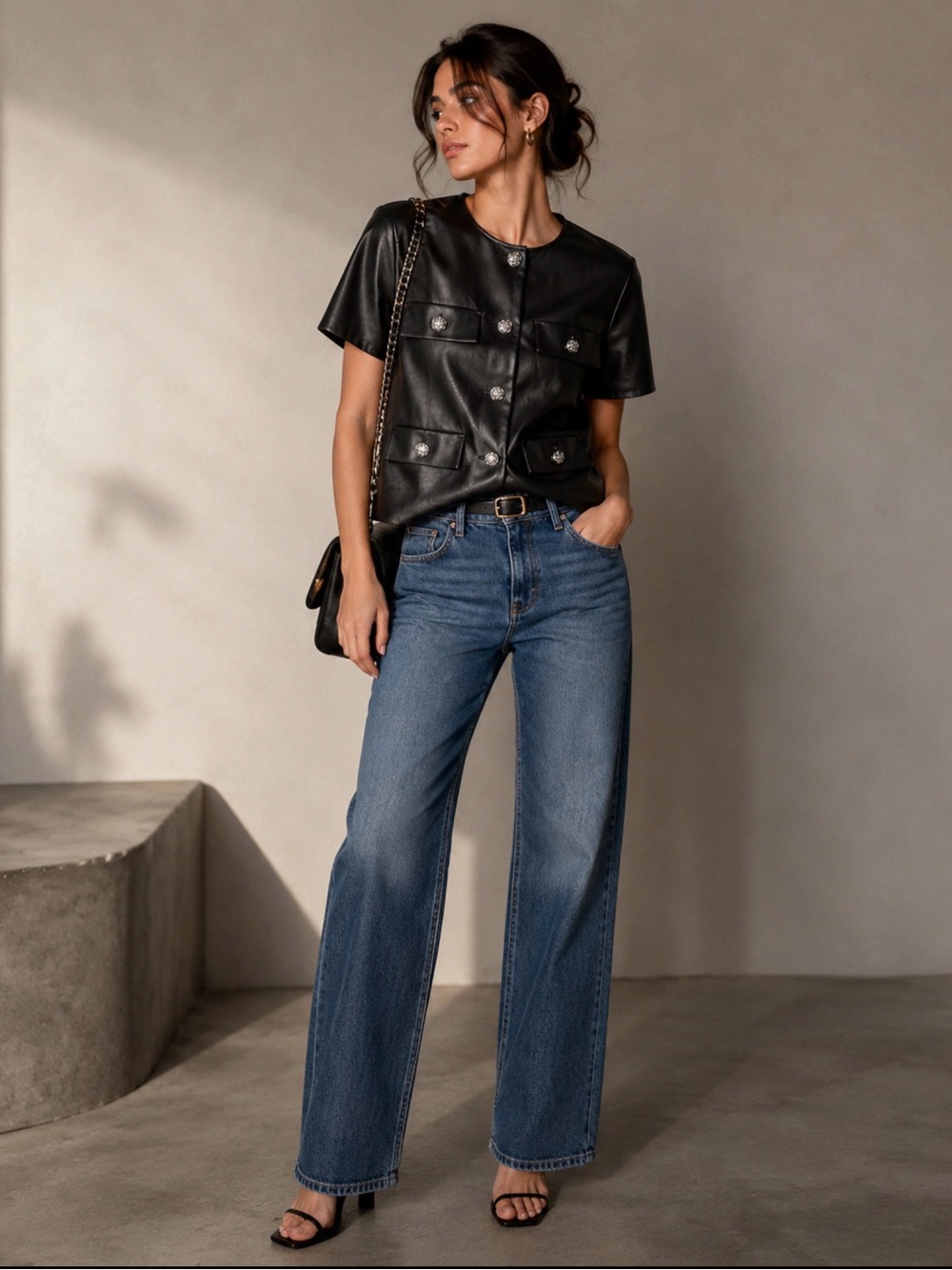 NEW DKNY Jeans Faux Leather Utility Top Black Short Sleeve Moto Grunge Goth Chic